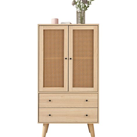 Buffet de rangement 60 cm avec 2 portes, 2 tiroirs et façade tressée, meuble de salon ou salle à manger en bois clair – CHICFURN (1/5)