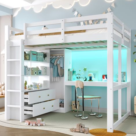 Lit mezzanine 140x200 cm - 2 tiroirs - Avec bureau et penderie - Avec LED et port USB - Blanc(matelas non inclus) (1/5)