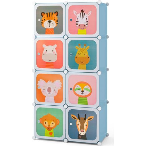 Mueble de almacenamiento infantil con 8 cubos modulares 75 x 37 x 145 cm funcionalidad práctica ambiente acogedor azul PP 200017623