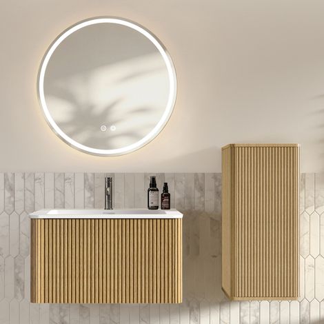 Set mobile bagno moderno con lavabo, specchio LED, mobile sospeso e armadietto laterale, rovere (1/5)