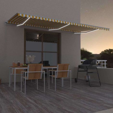 Auvent manuel rétractable avec LED - Auvent de jardin Soleil imperméable 600x300 cm Jaune et blanc BV380982 - BonneVie (1/5)