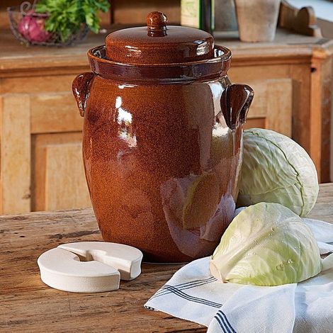 Outils Et Nature – Pot à choucroute en grès émaillé 5L – Avec 2 pierres demi-lune – Joint à eau pour fermentation optimale – Lacto-fermentation maison