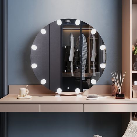 ELEGANT Freestanding Mirrors with Memory Function Dimmable LED 3 Lighting Modes and 12 Removable Light Bulbs, Built-In Socket, Wall-Mounted or Desktop, 800 x 800 x 35mm (1/5)