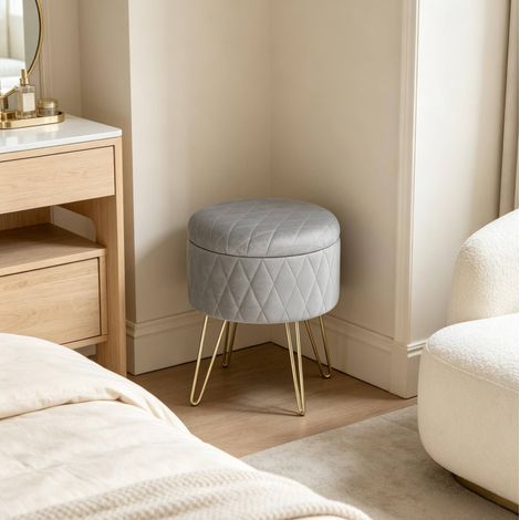 Tabouret de rangement rond 31,5x31,5x36 cm gris clair, couvercle amovible, velours métal MEUBLIV (1/5)