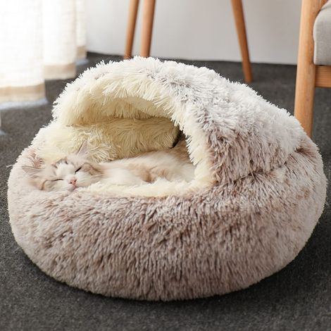 Grotte pour chat, chiot et chien de petite et moyenne taille - Igloo pour chat apaisant, chaud et moelleux, utilisable en intérieur (peluche, 35 cm, marron)