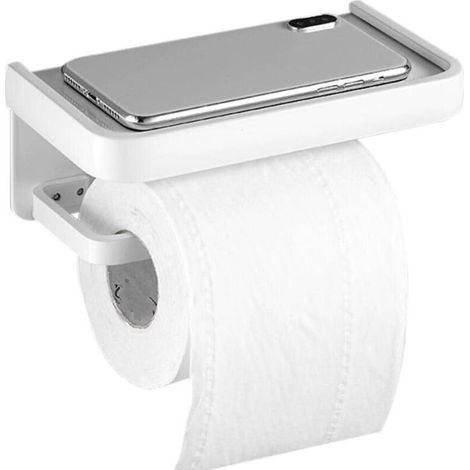 Portarrollos de papel higiénico de pared sin taladrar, con estante integrado – Aluminio blanco, adhesivo reforzado, diseño compacto para baño o cocina.