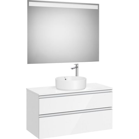 Pack meuble "The gap" 1000 pour vasque à poser - 2 tiroirs + plan + miroir LED - blanc brillant/poignées alu brillantes - Roca (1/2)