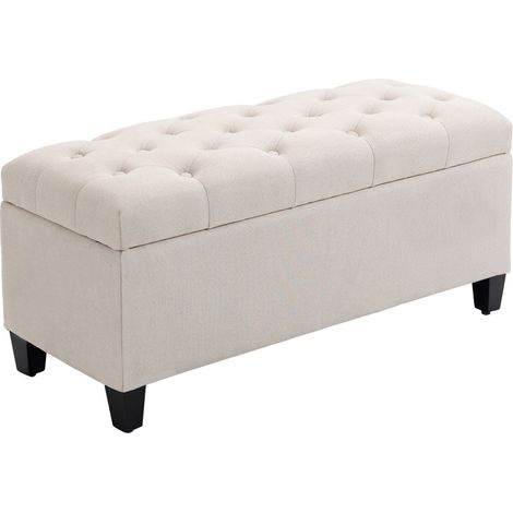 Chaise Banc de Rangement avec Coussin - Rembourré - Aspect Lin - Blanc/Crème - 100x40x44 cm (1/5)