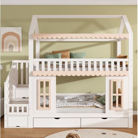 Lit superposé enfant cabane 90x200 cm avec escalier de rangement, 2 tiroirs, fenêtres décoratives, blanc et naturel – CHICFURN (1/5)