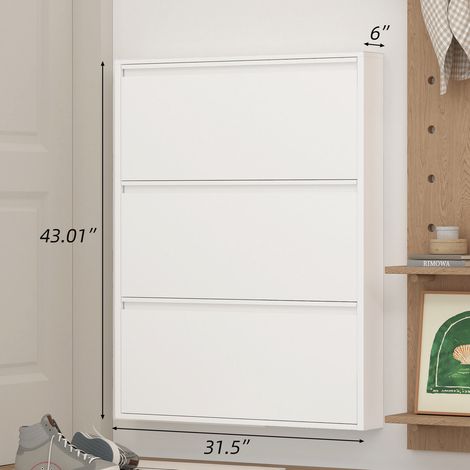 Zapatero metálico con 3 cajones abatibles, organizador de zapatos de pared, zapatero estrecho y discreto para la entrada, blanco. (1/5)