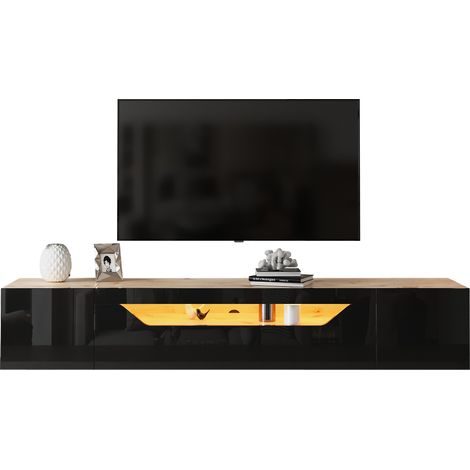 Meuble TV mural 180 cm avec LED, façade brillante et 3 rangements, pour téléviseur 75 pouces, finition noir et bois clair, gain de place - CHICFURN (1/5)