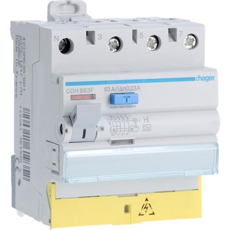 Hager – Interrupteur différentiel triphasé 63A 30mA type A HI – Protection haute immunité – Connexion à vis – Rail DIN