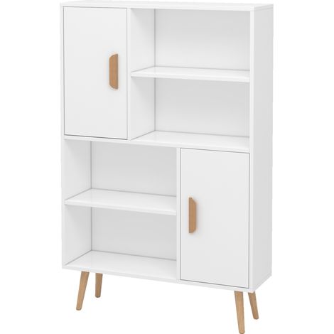 Bibliothèque scandinave 4 niches + 2 placards avec étagère dim. 80L x 24l x 123H cm Pieds effilés inclinés Bois Massif Panneaux Particules Blanc (1/5)