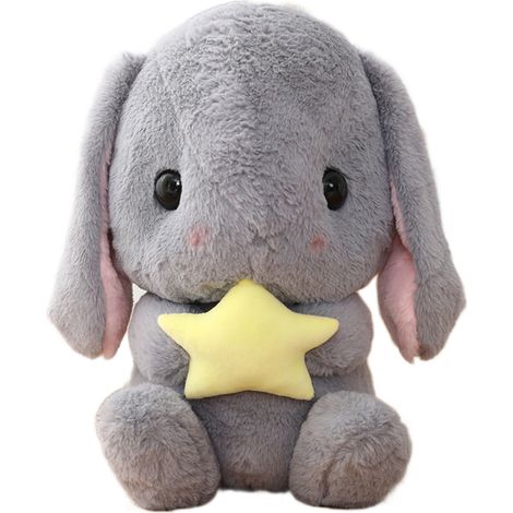 Peluche Lapin 22 cm, douce et mignonne, idéale comme oreiller ou compagnon de lit pour enfant, motif Pâques et étoiles grises. (1/2)