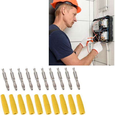 22.040 Fiche banane lanterne 4,0 mm, cuivre pur, métal nickelé, moulée par injection, accessoires, broches mâles soudées, bornes jaunes (1/5)
