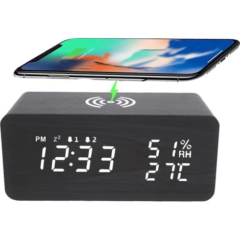 LED-Digitalwecker mit kabelloser Ladefunktion, Digitaluhr mit Temperaturanzeige und USB-Anschluss, schwarz (1/5)