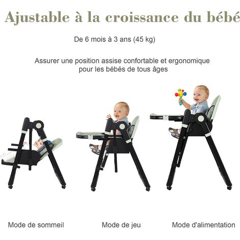 Chaise haute bébé 2-en-1 avec fonction berceuse, harnais de sécurité 5 points, roulettes freinables, plateau amovible, pliable et réglable en hauteur, vert foncé (1/5)
