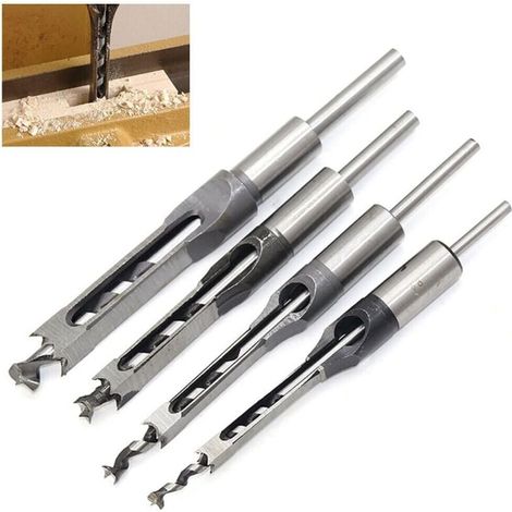 Lot de 4 Forets à bois trou carré Bédanes Creux en Acier Outils Set pour travail du bois Foret a trou carre Foret Trou de Perçage Mortaiser Burin 6,4/8/9,5/12,7 Mèches Trou Carré (1/5)