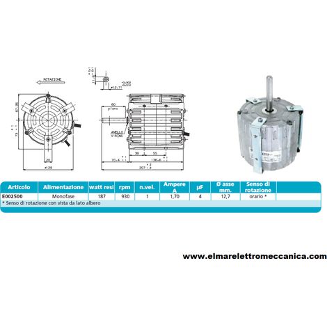 E002500 187 W 930 Giri Motore Elettrico Monofase Ventilatore Centrifugo Assiale