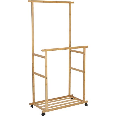 Unho – Penderie sur roulettes en bambou 80x40x160 cm – Double tringle pour 20 kg – Étagère inférieure pour chaussures – Bois naturel (1/5)