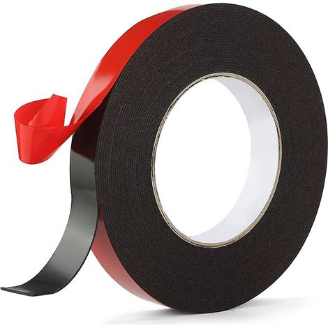 BEBUSINGOTO Cinta adhesiva de doble cara extrafuerte, 1 rollo (10 mm x 10 m), espuma de PE negra, película roja, impermeable y resistente a altas temperaturas, ideal para fijar en el coche, el hogar (1/5)
