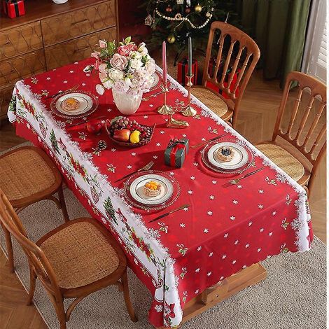 Nappe de Noël 2026, imperméable, en polyester, rectangulaire, pour salon, style moderne et épuré, fond rouge, 150 x 100 cm (1/5)