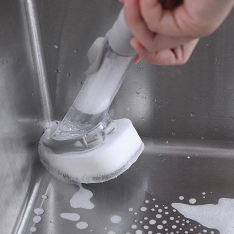 Automatische hydraulische Bürste zum Hinzufügen von Flüssigkeit, weiche Küchenbürste, Küchenutensilien für Töpfe und Schüsseln, 1 Griff, 2 Bürsten, 2 Schwämme (1/5)