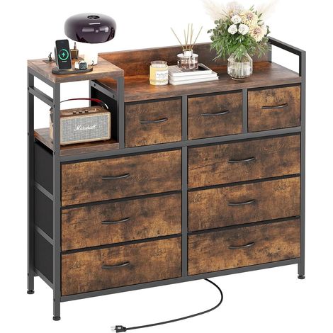 Commode TV 9 Tiroirs en Tissue avec Station De Charge Intégrée, Commode Chambre avec Étagères, Structure en Métal Et Bois, Commode Multifonctionnelle pour Salon, Chambre, Couloir Brun (1/5)