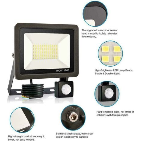 Foco LED para exterior de 100 W con sensor de movimiento, IP65, resistente al agua, 60 000 lm, iluminación blanca fría para jardín, garaje, campo deportivo.