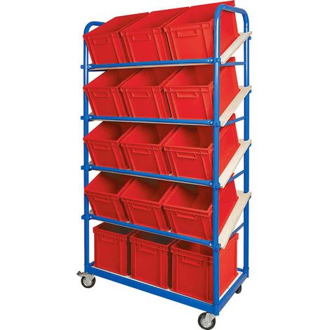 BRB Schrägboden-Regalwagen mit 5 Ebenen, 4 Lenkrollen, bestückt mit 15 Euroboxen 400x300x235 mm (rot) (1/3)