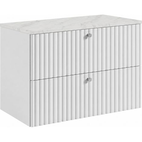 Meuble sous-vasque suspendu 80 cm, 2 tiroirs, avec plan de travail, fermeture douce, Blanc / Marbre, poignées argentées, 80 x 44,4 x 58,6 cm (1/5)