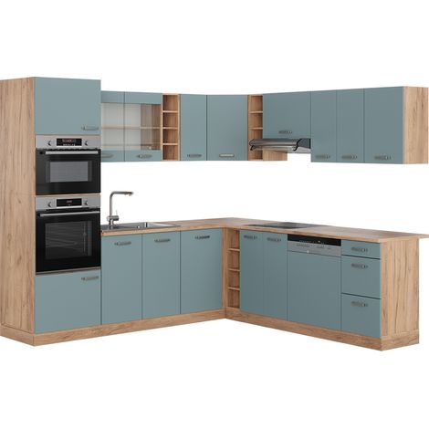 Cocina esquinera R-Line, Roble azul-gris-dorado, 237 x 247 cm , ET Roble, Vicco