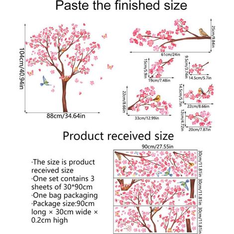 Stickers muraux cerisier fleurs roses arbres stickers muraux oiseaux et branches décoration murale (1/4)