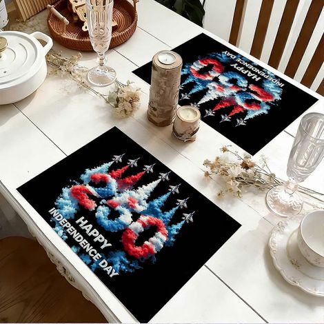 Sets de table 1/4/6 pièces, imprimés « Jet Smoke » et « Jour de l'Indépendance », 30 x 45 cm, en tissu patriotique, ambiance commémorative du 250e anniversaire, pour la cuisine ou la salle à manger. (1/5)
