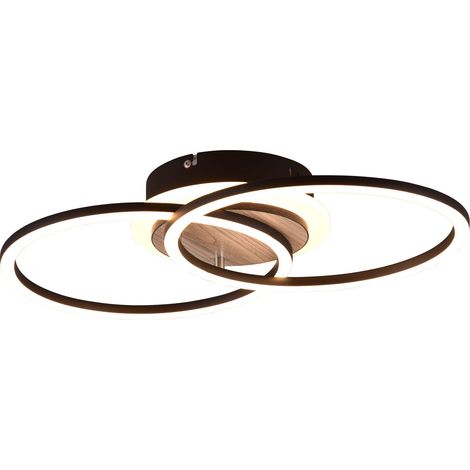 GIRO PLAFONIERA LED 25W 3000lm, 2700 - 6000K DOPPIO CERCHIO METALLO NERO CON BASE ILLUMINATA EFFETTO LEGNO CON TELECOMANDO MULTIFUNZIONE L. 46,5CM DIMMERABILE (1/3)