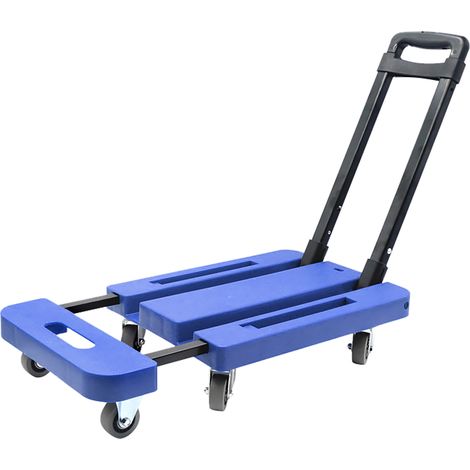 Chariot pliant bleu à roues caoutchouc silencieuses 6x, base rétractable 10cm, capacité de charge élevée, antidérapant, pliable pour bagages et transport (1/5)