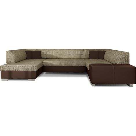 Canapé panoramique convertible HOUSTON en bi-matière avec coffre de rangement à gauche-Marron/Beige clair chiné-Coffre à gauche (1/5)