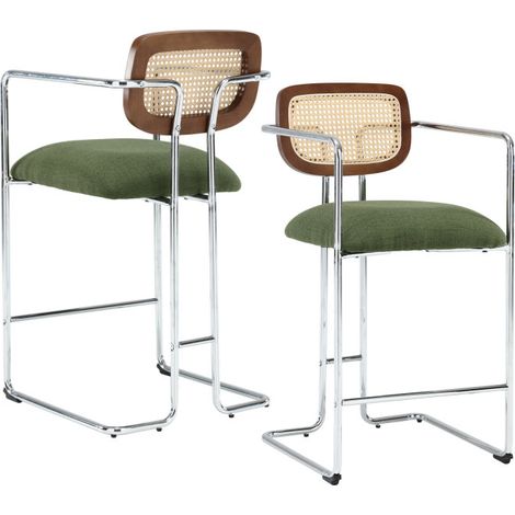 Barhocker für Küche aus Rattan und Teddystoff mit Lehne Metallgestell Sitzfläche Grün 2er Set Wahson (1/5)