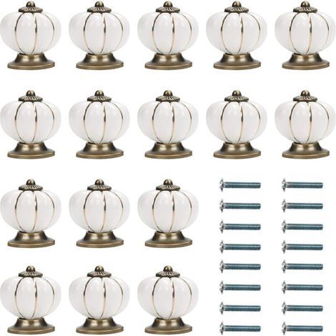 White and Gold Ceramic Furniture Knob with Pumpkin Shape Screws (Pack of 16) - 1.4 x 1.5 inch - Vintage Round Furniture Knob - for Home, Office, Kitchen Cabinet, Drawers and Cupboard