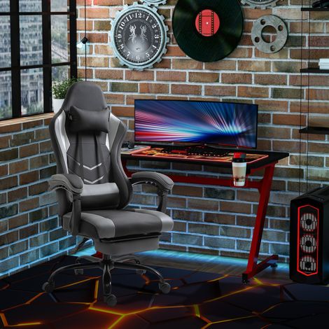 Chaise de bureau ergonomique pour gamer, chaise pivotante, réglable en hauteur, avec coussin lombaire ajustable et repose-pieds, noire, 62 x 52 x 128 cm (1/5)