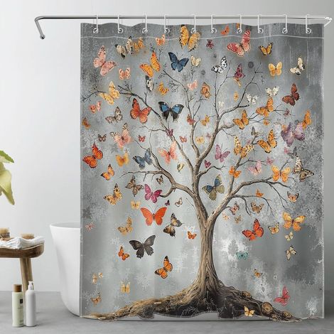 Papillon Rideaux de Douche 150x200cm Arbre Vintage avec des Papillons Rideaux de Bain avec Crochets,Gris esthétique Extra Longue Imperméable Polyester Anti Moule Salle de Bain Décor (1/5)