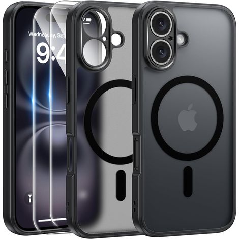 Funda MagSafe negra mate para Apple iPhone 16 + 2 protectores de pantalla de cristal (1/5)