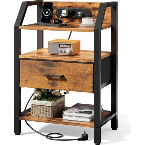 EcoFurnix Nightstands with Outlets & USB Ports, Night Table with LED, Accent Table with Fabric Drawers & 2 Shelves - Brown