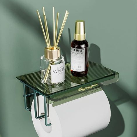 Porte-papier hygiénique sans poinçon Porte-papier hygiénique mural pour salle de bain avec étagères spacieuses (vert foncé) (1/4)