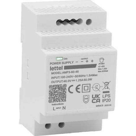 LETTEL - Alimentation 230Vca/48Vcc, puissance 60W. Fixation rail-din, largeur 3 modules. - AMP3-60-48