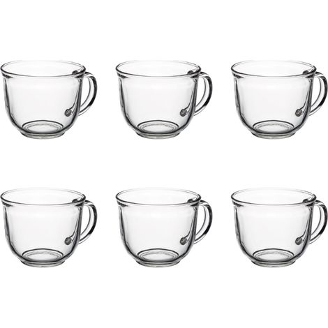 Tazza in vetro con manico LEO 480 ml, grande tazza in vetro trasparente liscia, set da 6