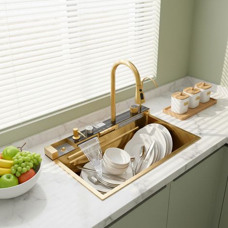 【Chauffage et ventilation】Évier de cuisine à cascade numérique en acier inoxydable, avec lave-tasses, distributeur de détergent, modes de jet cascade et pluie volante, écran digital, évier multifoncti (1/5)