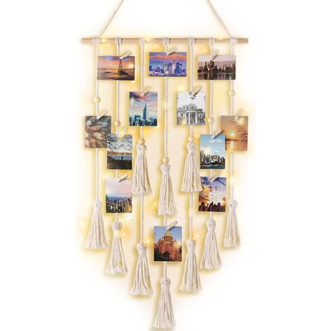 Soporte de macramé para fotos con guirnalda de luces de 5 m, cuerda de algodón y pinzas de madera, decoración de pared para dormitorio y sala de estar.