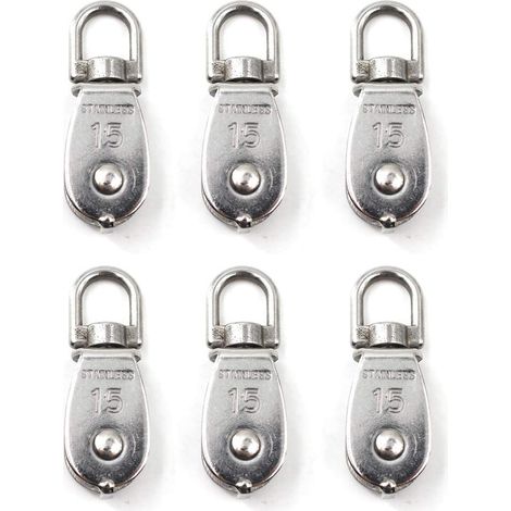 Lot de 6 poulies simples en acier inoxydable 304 de 15 mm, blocs rouleaux à une seule poulie, crochets pivotants pour grue, fils lisses, cordes, câbles, capacité de charge de 77 lb / 35 kg (1/4)
