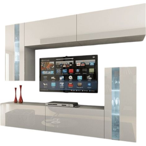 Set di mobili da soggiorno bianchi, sospesi collezione CEPTO XXX. 203cm, 6 mobili, led, modulari. (1/5)